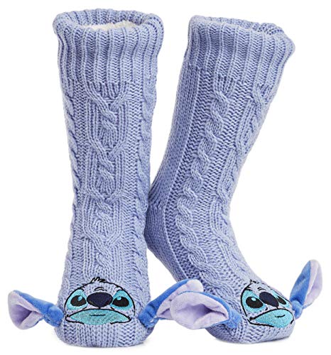 Disney Calcetines Antideslizantes Invierno Mujer Con Personajes Stitch Mickey Minnie, Zapatillas de Punto Forro Polar Para Estar Por Casa, Regalos Para Mujeres Chicas (Stitch)