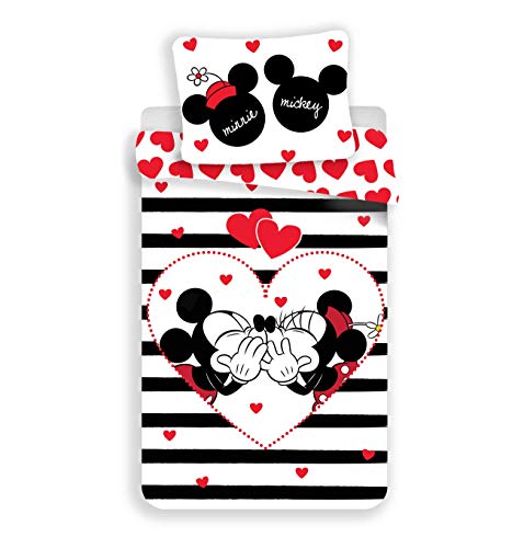Disney Mickey & Minnie Mouse Heart & Stripes Ropa de cama, tamaño: 140 x 200 cm, almohada 70 x 90 cm, 100% algodón, negro/blanco