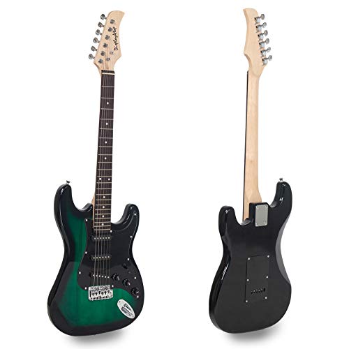 Display4top Kit de guitarra eléctrica Amplificador de 20 vatios, soporte de guitarra, bolsa, púa de guitarra, correa, cuerdas de repuesto, sintonizador, estuche y cable (Negro-Verde)