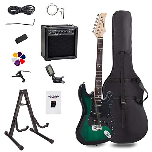 Display4top Kit de guitarra eléctrica Amplificador de 20 vatios, soporte de guitarra, bolsa, púa de guitarra, correa, cuerdas de repuesto, sintonizador, estuche y cable (Negro-Verde)