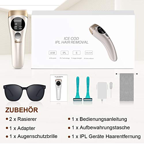 Dispositivo de depilación SKEY IPL, IPL con 2 afeitados, cabezal de limpieza extraíble, 5 niveles y 2 modos, para depilación permanente sin dolor, adecuado para áreas más sensibles, 999,999
