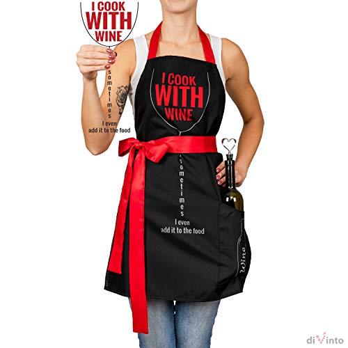 DIVinto Delantal de cocina para mujer con tapón y bolsillos, delantal para barbacoa, divertido regalo para mujeres y amantes del vino