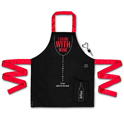 DIVinto Delantal de cocina para mujer con tapón y bolsillos, delantal para barbacoa, divertido regalo para mujeres y amantes del vino