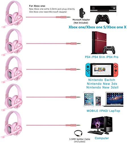 DIWUER Cascos Gaming, Auriculares Gaming para Ps4 Xbox One Nintendo Switch, con Sonido Envolvente y Reducción de Ruido, para iPad Cuaderno Computadora Teléfono Inteligente PC (Rosa)