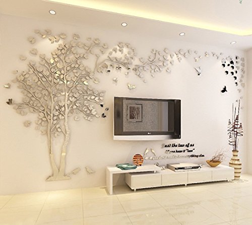 DIY 3D Enorme Árbol de Pareja Pegatinas de Pared Cristal Acrílico Calcomanías Murales Decoración Hogareña Artes de la Pared (M, Plata, Izquierda a Derecha)