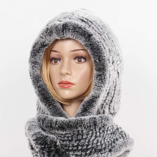 DJLHN2019 Nuevas mujeres de invierno Sombrero de piel real + Bufandas Mujer de punto Rex Natural Piel de conejo Bufandas con capucha Cálido de punto de piel genuina Gorras Bufanda-ROYAL BLUE