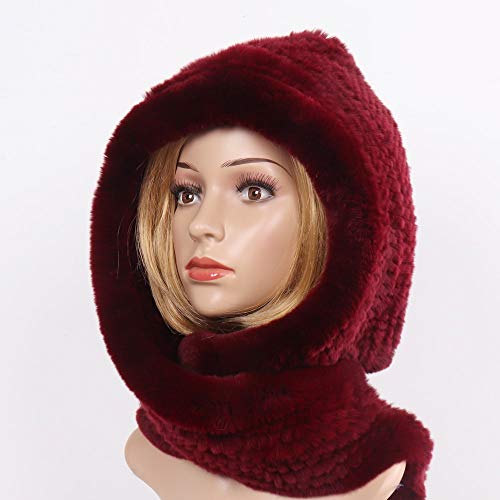 DJLHN2019 Nuevas mujeres de invierno Sombrero de piel real + Bufandas Mujer de punto Rex Natural Piel de conejo Bufandas con capucha Cálido de punto de piel genuina Gorras Bufanda-ROYAL BLUE