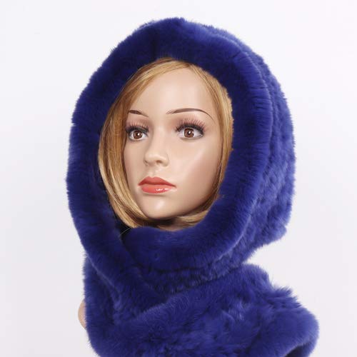 DJLHN2019 Nuevas mujeres de invierno Sombrero de piel real + Bufandas Mujer de punto Rex Natural Piel de conejo Bufandas con capucha Cálido de punto de piel genuina Gorras Bufanda-ROYAL BLUE