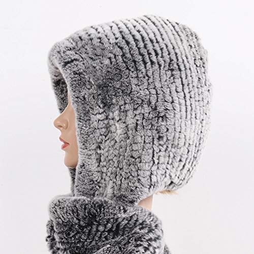 DJLHN2019 Nuevas mujeres de invierno Sombrero de piel real + Bufandas Mujer de punto Rex Natural Piel de conejo Bufandas con capucha Cálido de punto de piel genuina Gorras Bufanda-ROYAL BLUE