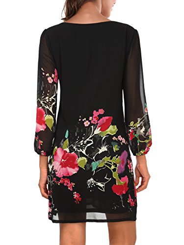 DJT - Vestido de mujer con estampado de flores, cuello redondo, informal, estilo blusa Negro-5. XL