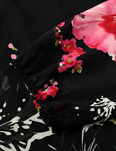 DJT - Vestido de mujer con estampado de flores, cuello redondo, informal, estilo blusa Negro-5. XL