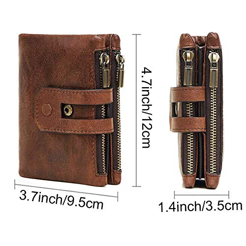 Dlife Vendimia Cartera RFID Cuero de Vaca con Bloqueo de Cuero Genuino Doble Cremallera Monedero de Bolsa Monedero (Vendimia-Café)