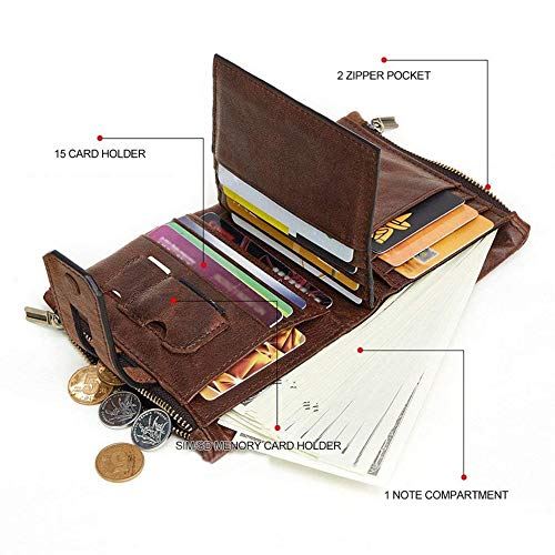 Dlife Vendimia Cartera RFID Cuero de Vaca con Bloqueo de Cuero Genuino Doble Cremallera Monedero de Bolsa Monedero (Vendimia-Café)