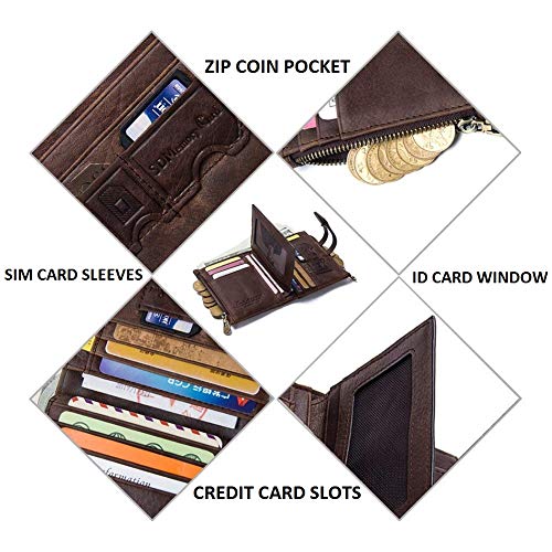 Dlife Vendimia Cartera RFID Cuero de Vaca con Bloqueo de Cuero Genuino Doble Cremallera Monedero de Bolsa Monedero (Vendimia-Café)