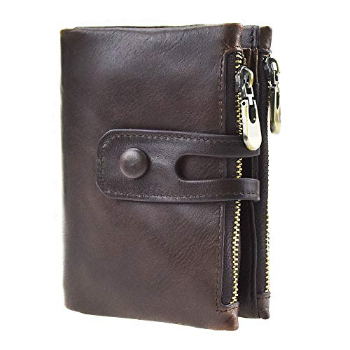 Dlife Vendimia Cartera RFID Cuero de Vaca con Bloqueo de Cuero Genuino Doble Cremallera Monedero de Bolsa Monedero (Vendimia-Café)