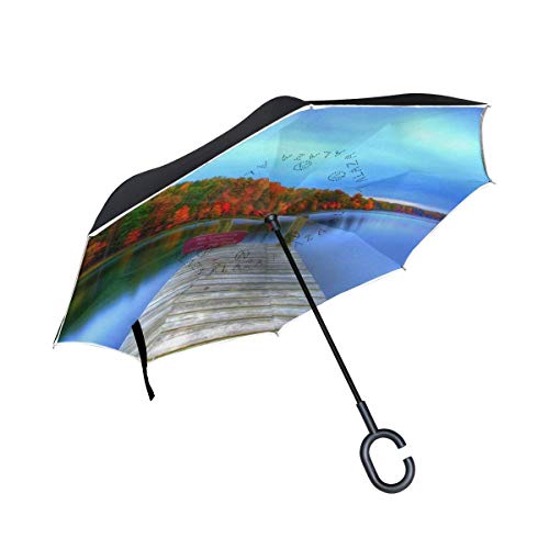 Doble capa invertida hermoso lago Fores cielo azul paraguas coches reversa viento lluvia paraguas para coche al aire libre con mango en forma de C