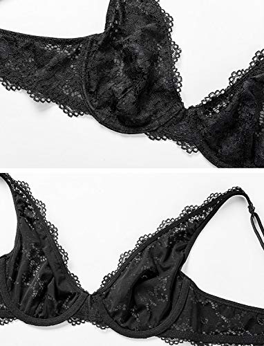 DOBREVA Sujetador Básico Flores Bralette de Encaje con Aros sin Relleno Negro(sin Relleno) 105B