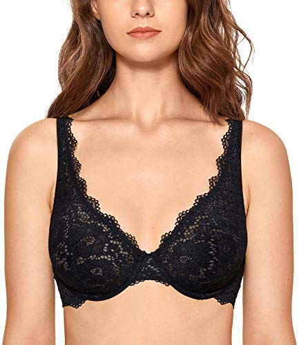 DOBREVA Sujetador Básico Flores Bralette de Encaje con Aros sin Relleno Negro(sin Relleno) 105B