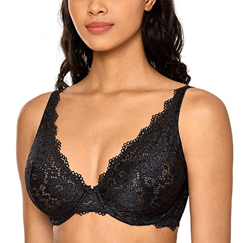 DOBREVA Sujetador Básico Flores Bralette de Encaje con Aros sin Relleno Negro(sin Relleno) 105B
