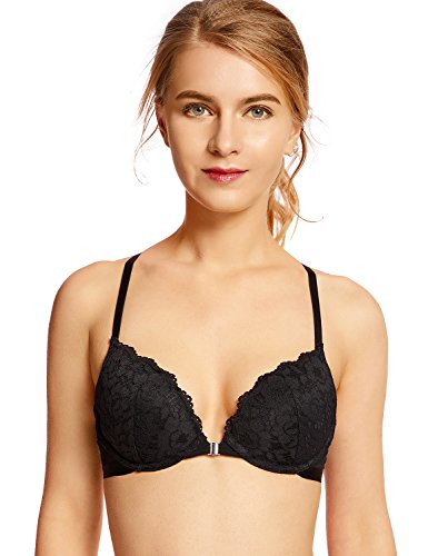 DOBREVA Sujetador Encaje Push Up Cierre Delantero con Aros para Mujer Negro 85AA