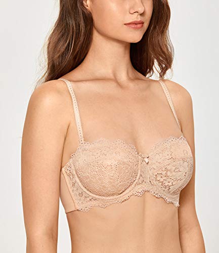 DOBREVA Sujetador sin Tirantes Encaje con Aros sin Relleno para Mujer Beige 100C
