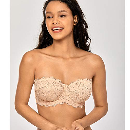 DOBREVA Sujetador sin Tirantes Encaje con Aros sin Relleno para Mujer Beige 100C