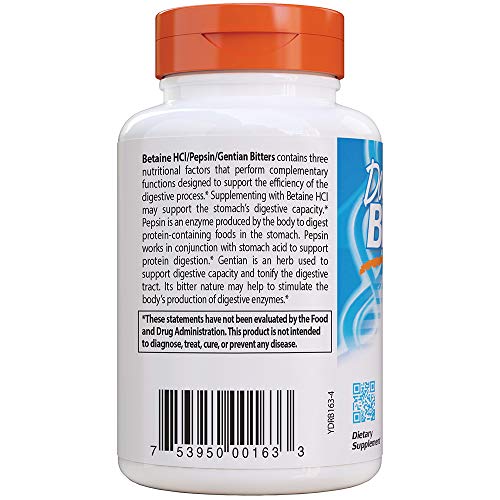 Doctor's Best Betaine HCl Pepsin & Gentian Bitters - 120 caps 120 unidades 140 g