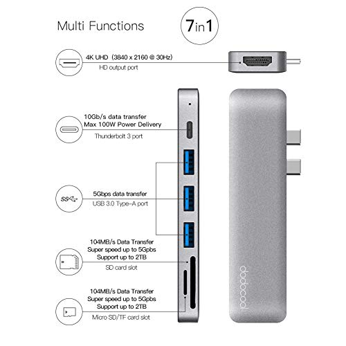 dodocool 7-en-1 Hub USB C para MacBook Pro 2018/2019/MacBook Air 2019/2018 (4K Video HD, Lector de Tarjetas SD/TF, USB C Power Delivery, 3 SuperSpeed USB 3.0) Adaptador Tipo C Soporte Thunderbolt 3