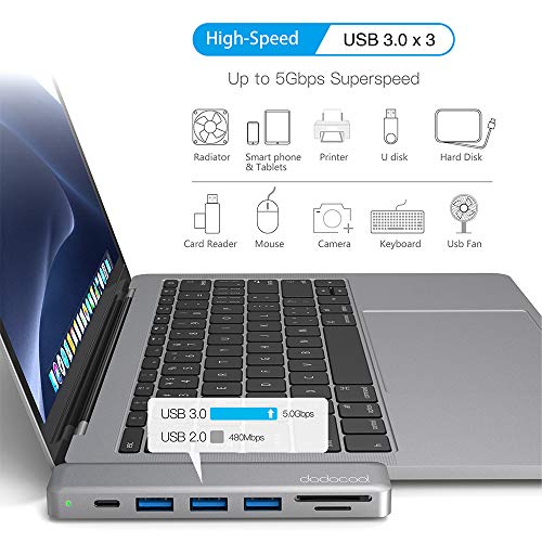 dodocool 7-en-1 Hub USB C para MacBook Pro 2018/2019/MacBook Air 2019/2018 (4K Video HD, Lector de Tarjetas SD/TF, USB C Power Delivery, 3 SuperSpeed USB 3.0) Adaptador Tipo C Soporte Thunderbolt 3