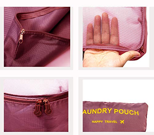 DoGeek Organizador de Equipaje 6 en 1 Set Viaje con Bolsa de Zapato, Impermeable Organizador de Maleta Bolsa para Ropa Sucia de Viaje, Material Nylon (Vino Tinto)