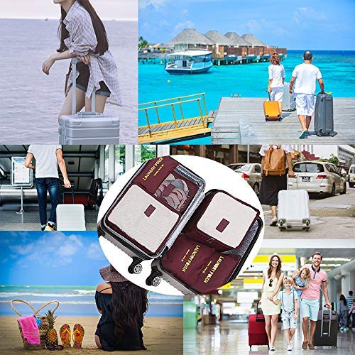 DoGeek Organizador de Equipaje 6 en 1 Set Viaje con Bolsa de Zapato, Impermeable Organizador de Maleta Bolsa para Ropa Sucia de Viaje, Material Nylon (Vino Tinto)
