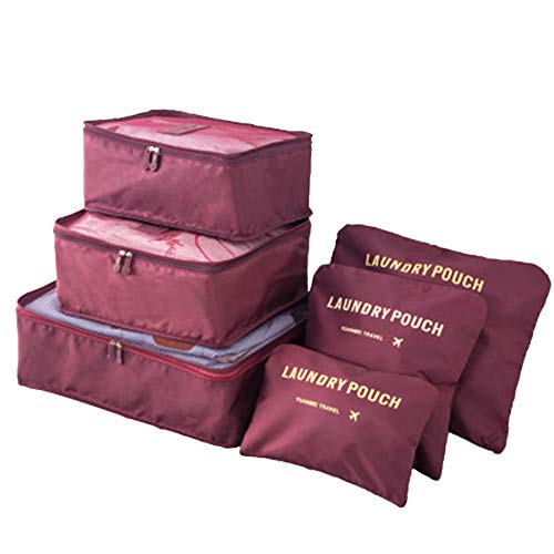 DoGeek Organizador de Equipaje 6 en 1 Set Viaje con Bolsa de Zapato, Impermeable Organizador de Maleta Bolsa para Ropa Sucia de Viaje, Material Nylon (Vino Tinto)