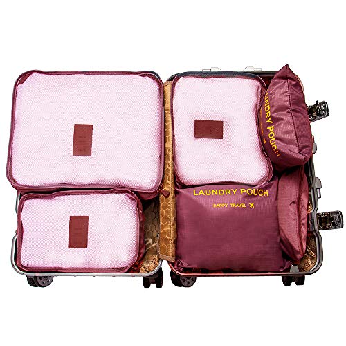 DoGeek Organizador de Equipaje 6 en 1 Set Viaje con Bolsa de Zapato, Impermeable Organizador de Maleta Bolsa para Ropa Sucia de Viaje, Material Nylon (Vino Tinto)