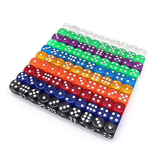 DollaTek 100 Piezas Juego de Dados de 6 Caras 10 Colores Diferentes Dados de acrílico de 16 mm