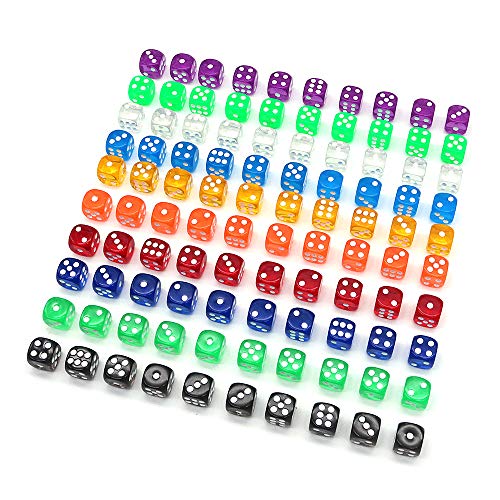 DollaTek 100 Piezas Juego de Dados de 6 Caras 10 Colores Diferentes Dados de acrílico de 16 mm
