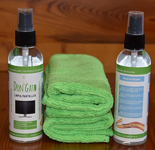 Don Gato - Pack 2 Limpia Pantallas + Paño Microfibras 2 (100ml X 2) para Televisor, Tableta, Ordenador portátil, LCD, LED, Teléfono móvil. Hecho con Productos Naturales y Respeta el Medio Ambiente.