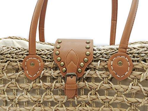 DONATZELLI Bolso De Verano Mujer Capazo Mimbre Trenzado Seagrass Forro Interior Cierre Cordón Seguro Shopper Paja Grande Compras Viaje Asas Hombro Vacaciones Uso Diario 48x29x16