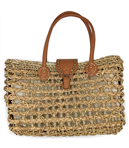DONATZELLI Bolso De Verano Mujer Capazo Mimbre Trenzado Seagrass Forro Interior Cierre Cordón Seguro Shopper Paja Grande Compras Viaje Asas Hombro Vacaciones Uso Diario 48x29x16