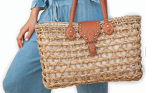 DONATZELLI Bolso De Verano Mujer Capazo Mimbre Trenzado Seagrass Forro Interior Cierre Cordón Seguro Shopper Paja Grande Compras Viaje Asas Hombro Vacaciones Uso Diario 48x29x16