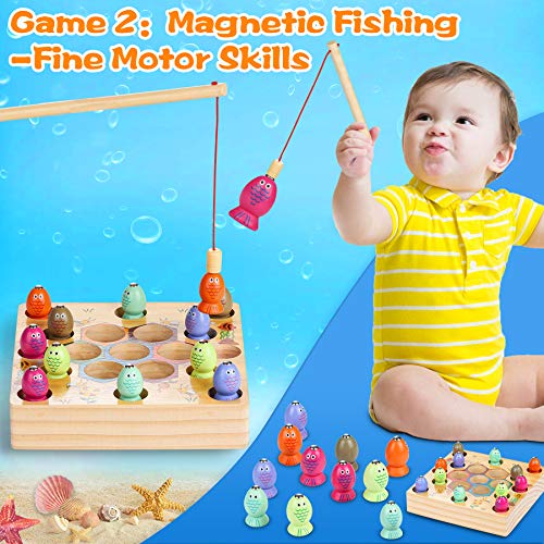 Dookey Juego de Pescar para Niños, Juguetes Bebe Madera Peces Juguete Magnetico Infantil Juguetes Educativos Aprendizaje con Caña Preescolares Juegos Pescado Pascua para Niña 3 4 Años