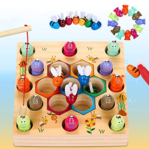 Dookey Juego de Pescar para Niños, Juguetes Bebe Madera Peces Juguete Magnetico Infantil Juguetes Educativos Aprendizaje con Caña Preescolares Juegos Pescado Pascua para Niña 3 4 Años