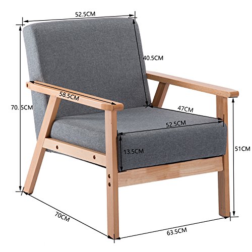 DORAFAIR Retro Butaca de Salón Gris Sillón Relax Reclinable, Estructura de Madera Maciza + Cojín，64 * 62 * 71 cm