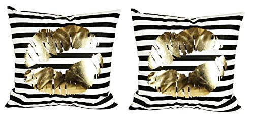 Dos fundas de almohada cojín de sofá de 40x40 cm - rayas - cojín decorativo cuadrado - estampado dorado - lino - dormitorio - beso casero - boca - idea de regalo original - color blanco y negro