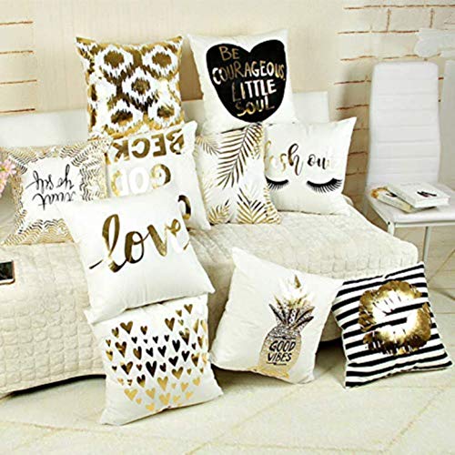 Dos fundas de almohada cojín de sofá de 40x40 cm - rayas - cojín decorativo cuadrado - estampado dorado - lino - dormitorio - beso casero - boca - idea de regalo original - color blanco y negro