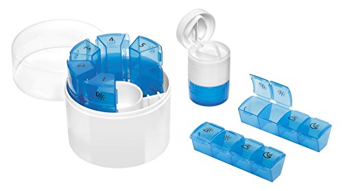 Dosificador de medicamentos para 7 DÍAS First Aid Only con divisor de pastillas y mortero, 7 cartuchos cada uno con 4 compartimentos etiquetados para 4 periodos del día, blanco/azul, plástico, P-10000