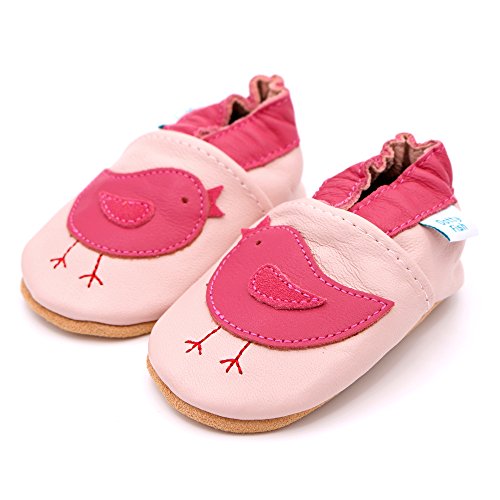 Dotty Fish Zapatos de Cuero Suave para bebés. Antideslizante. Pajaritos Rosados. 6-12 Meses (19 EU)