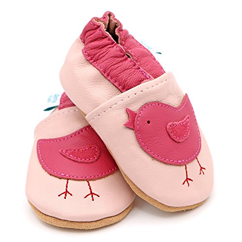 Dotty Fish Zapatos de Cuero Suave para bebés. Antideslizante. Pajaritos Rosados. 6-12 Meses (19 EU)