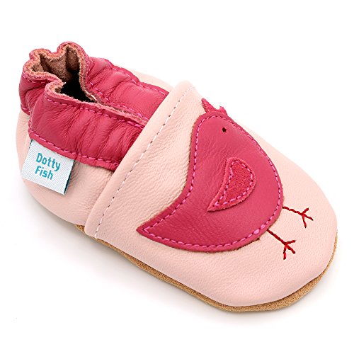 Dotty Fish Zapatos de Cuero Suave para bebés. Antideslizante. Pajaritos Rosados. 6-12 Meses (19 EU)