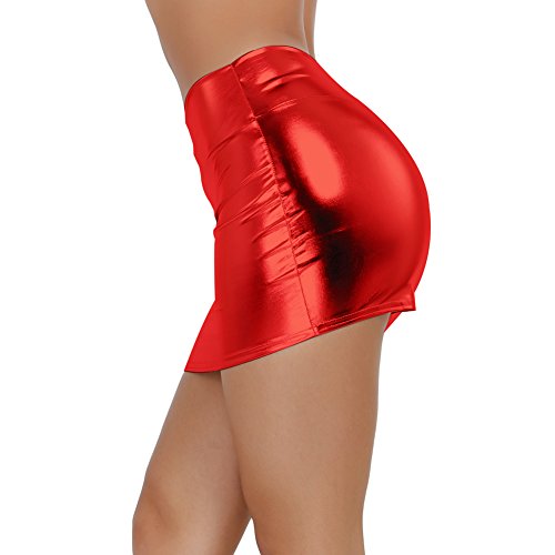 dPois Minifalda Mujer Wet Look Sexy Mini Falda Cuero Wetlook Falda Corta Bodycon Erotica Brillante Metálico Líquido Gogo Clubwear Rojo One_Size