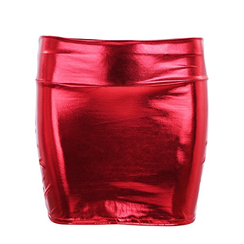 dPois Minifalda Mujer Wet Look Sexy Mini Falda Cuero Wetlook Falda Corta Bodycon Erotica Brillante Metálico Líquido Gogo Clubwear Rojo One_Size